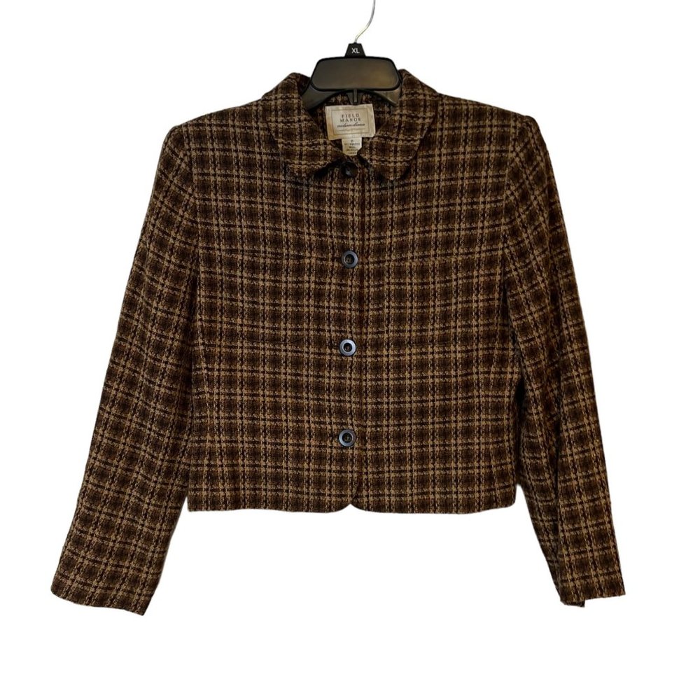 Vintage Field Manor Womans Crop Blazer Size 10 Worsted Wool Plaid Brown Pockets